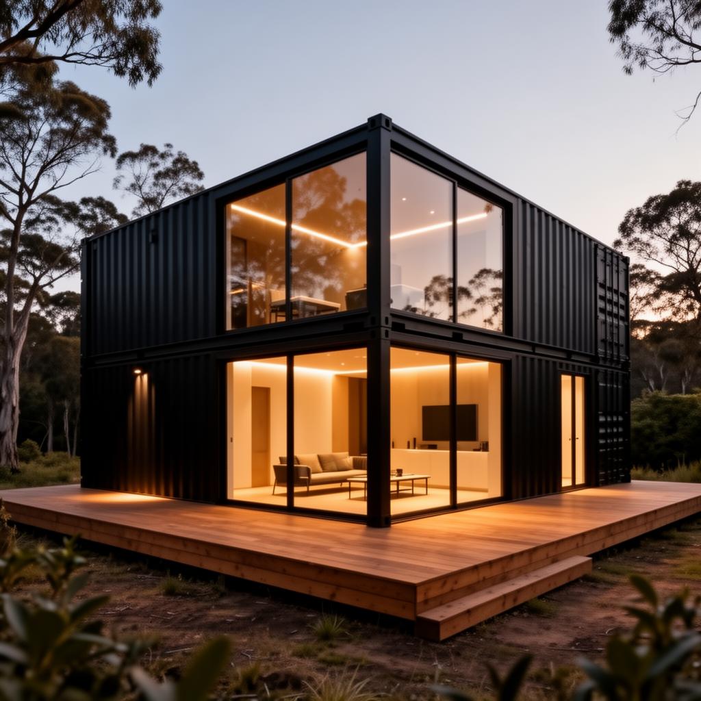 Casa container finalizada, com vidros panorâmicos e deck de madeira